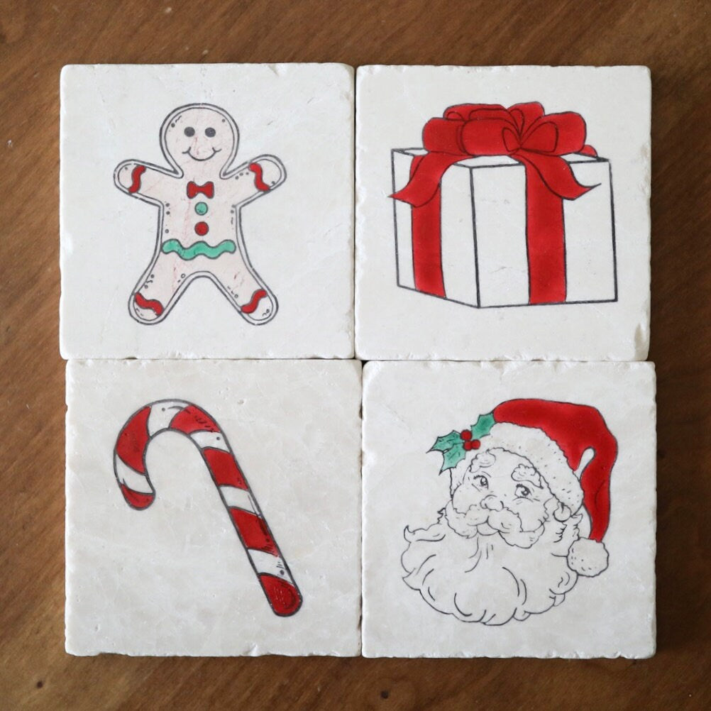 Santa, Candy Cane, Gingerbread Man and Present Christmas Marble Coaste –  Lace, Grace & Peonies